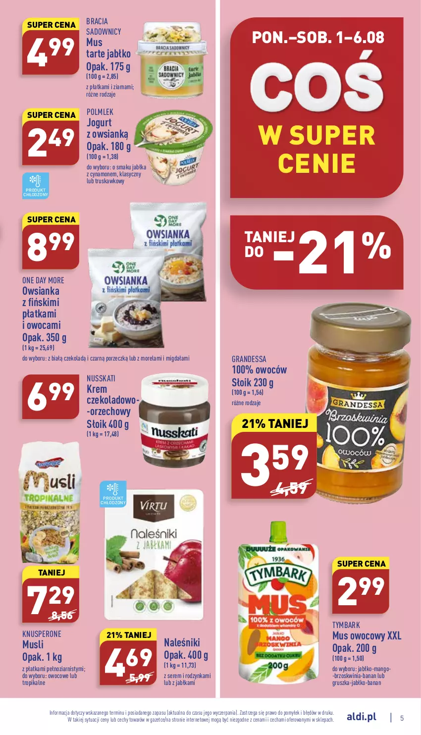 Gazetka promocyjna Aldi - Katalog spożywczy - ważna 01.08 do 06.08.2022 - strona 5 - produkty: Gra, Jabłka, Jogurt, Mango, Morela, Mus, Naleśniki, Owsianka, POLMLEK, Por, Ser, Tymbark