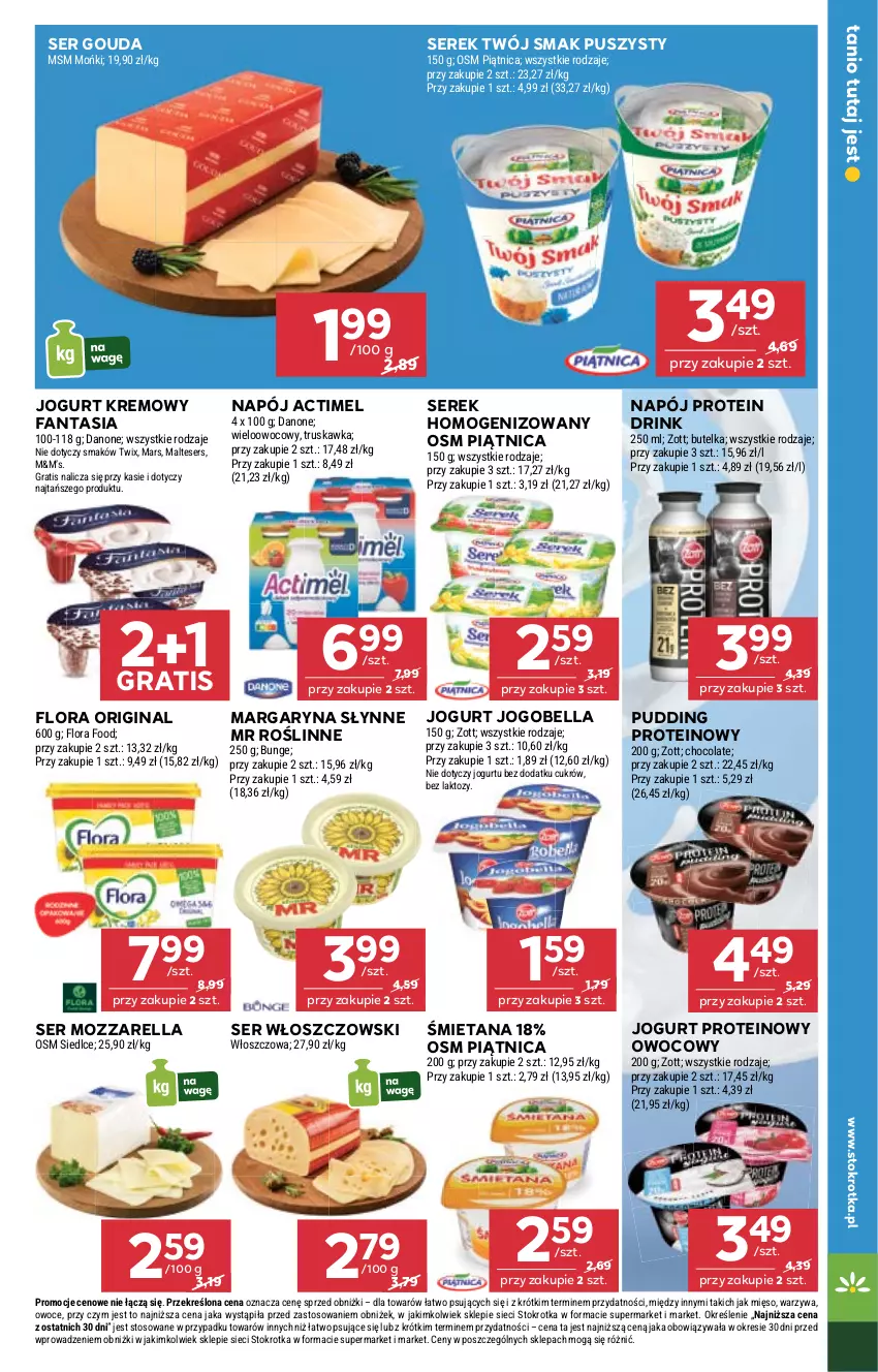 Gazetka promocyjna Stokrotka - Supermarket - ważna 25.09 do 01.10.2025 - strona 13 - produkty: Actimel, Bell, Bella, Danone, Fa, Fanta, Flora, Gin, Gouda, Gra, Jogobella, Jogurt, Margaryna, Mars, Mięso, Mozzarella, Napój, Owoce, Piątnica, Pudding, Ser, Serek, Serek homogenizowany, Słynne, Twix, Twój Smak, Warzywa, Włoszczowski, Zott