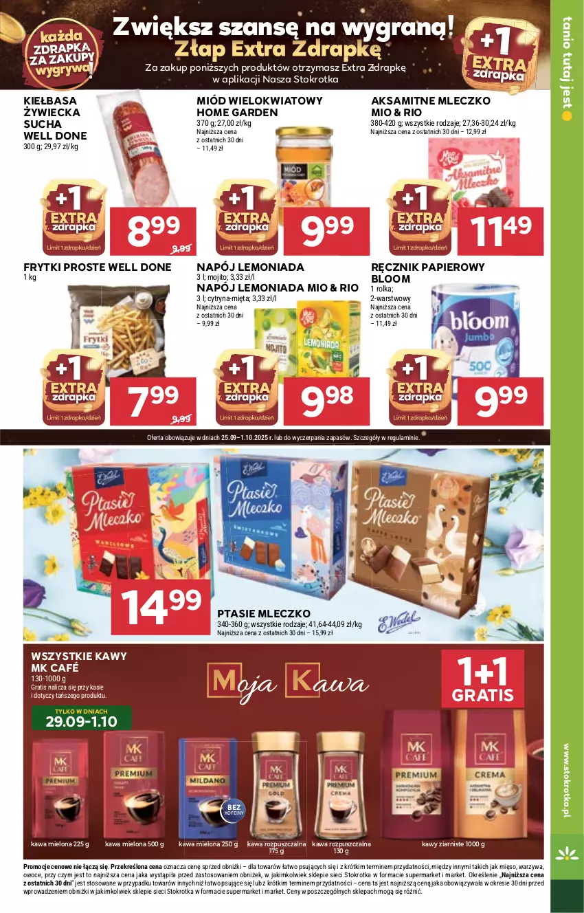 Gazetka promocyjna Stokrotka - Supermarket - ważna 25.09 do 01.10.2025 - strona 17 - produkty: Aksam, Frytki, Gra, Gry, Kawa, Kawa mielona, Kawa rozpuszczalna, Kiełbasa, Lemoniada, Mięso, Mięta, Miód, Mleczko, Napój, Owoce, Papier, Ptasie mleczko, Ręcznik, Warzywa