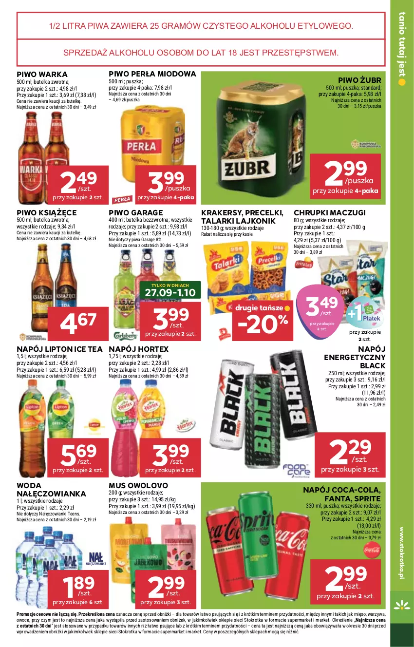 Gazetka promocyjna Stokrotka - Supermarket - ważna 25.09 do 01.10.2025 - strona 25 - produkty: Chrupki, Coca-Cola, Fa, Fanta, Gra, Hortex, Ice tea, Krakersy, Książęce, Lack, Lajkonik, Lipton, Mięso, Mus, Nałęczowianka, Napój, Napój energetyczny, Owoce, Perła, Piwa, Piwo, Precelki, Sprite, Warka, Warzywa, Woda