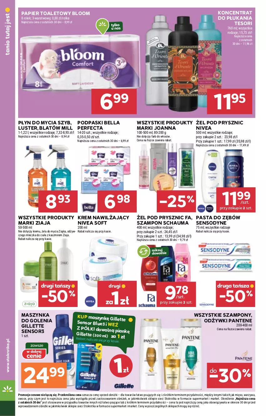 Gazetka promocyjna Stokrotka - Supermarket - ważna 25.09 do 01.10.2025 - strona 28 - produkty: Bell, Bella, Fa, Gillette, Joanna, Krem nawilżający, Maszynka, Maszynka do golenia, Mięso, Nivea, Owoce, Pantene, Papier, Papier toaletowy, Pasta do zębów, Perfecta, Płyn do mycia, Podpaski, Schauma, Sensodyne, Szampon, Szynka, Warzywa, Ziaja, Ziajka