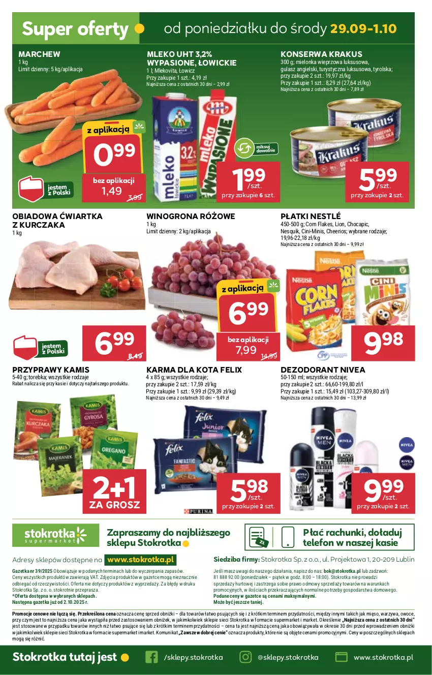 Gazetka promocyjna Stokrotka - Supermarket - ważna 25.09 do 01.10.2025 - strona 36 - produkty: Cheerios, Corn flakes, Dezodorant, Dres, Felix, JBL, Kamis, Krakus, Kurczak, Lion, Mięso, Mleko, Mlekovita, Nesquik, Nestlé, Nivea, O nas, Owoce, Przyprawy, Ser, Telefon, Torebka, Wagi, Warzywa, Wino, Winogrona