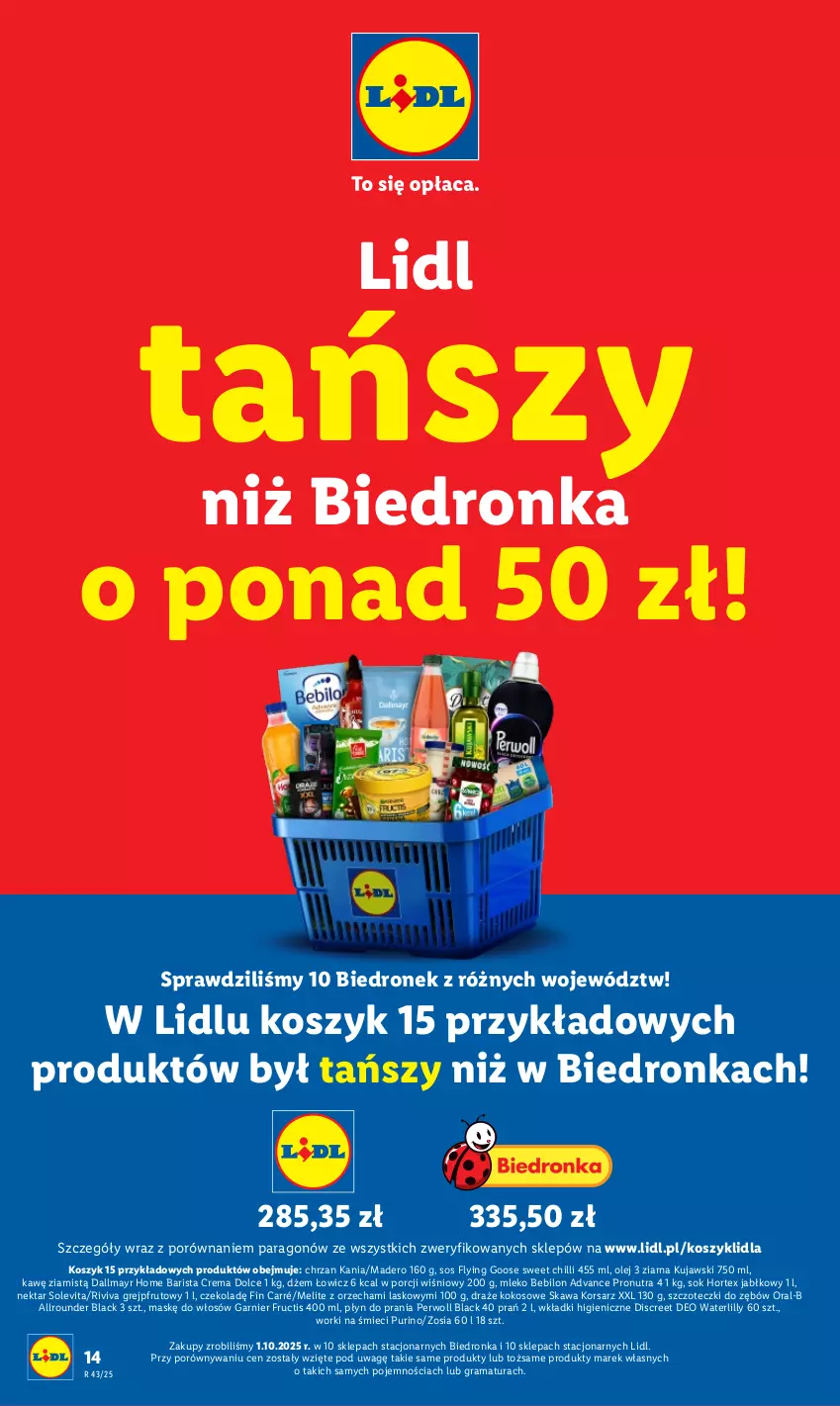 Gazetka promocyjna Lidl - GAZETKA - ważna 20.10 do 22.10.2025 - strona 14 - produkty: BEBILON, Chrzan, Dallmayr, Discreet, Dżem, Fructis, Garnier, Gra, Grejpfrut, Hortex, Kawa, Kokos, Kosz, Kujawski, Lack, Mleko, Mleko Bebilon, Nektar, Olej, Perwoll, Płyn do prania, Por, Pur, Rama, Sok, Sos, Wkładki, Worki na śmiec, Worki na śmieci