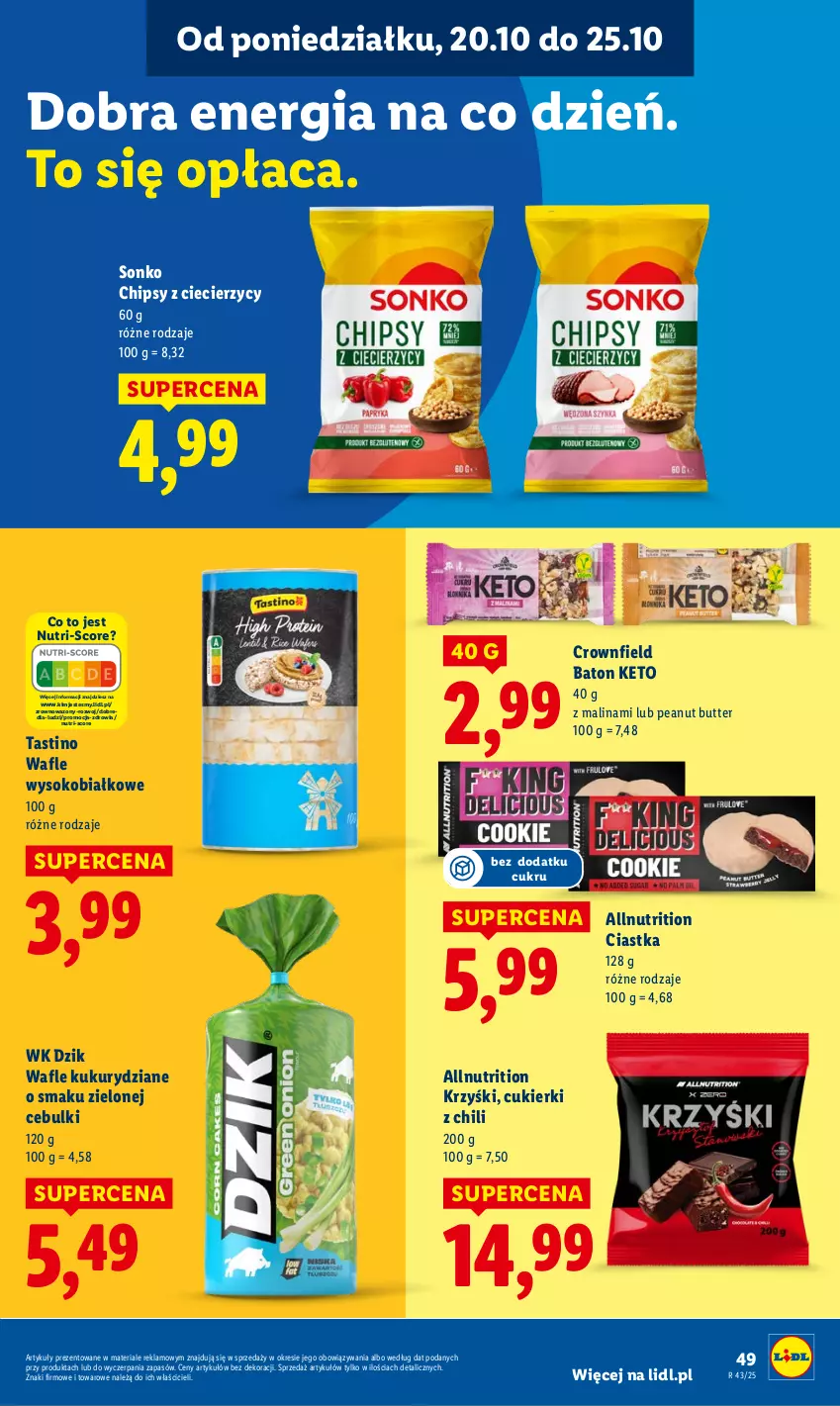 Gazetka promocyjna Lidl - GAZETKA - ważna 20.10 do 22.10.2025 - strona 49 - produkty: Baton, Chipsy, Ciastka, Cukier, Cukierki, Sok, Sonko, Wafle, Wazon