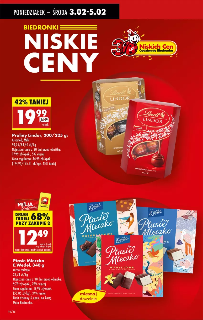 Gazetka promocyjna Biedronka - Od Poniedziałku - ważna 03.02 do 08.02.2025 - strona 14 - produkty: Lindor, Mleczko, Praliny, Ptasie mleczko