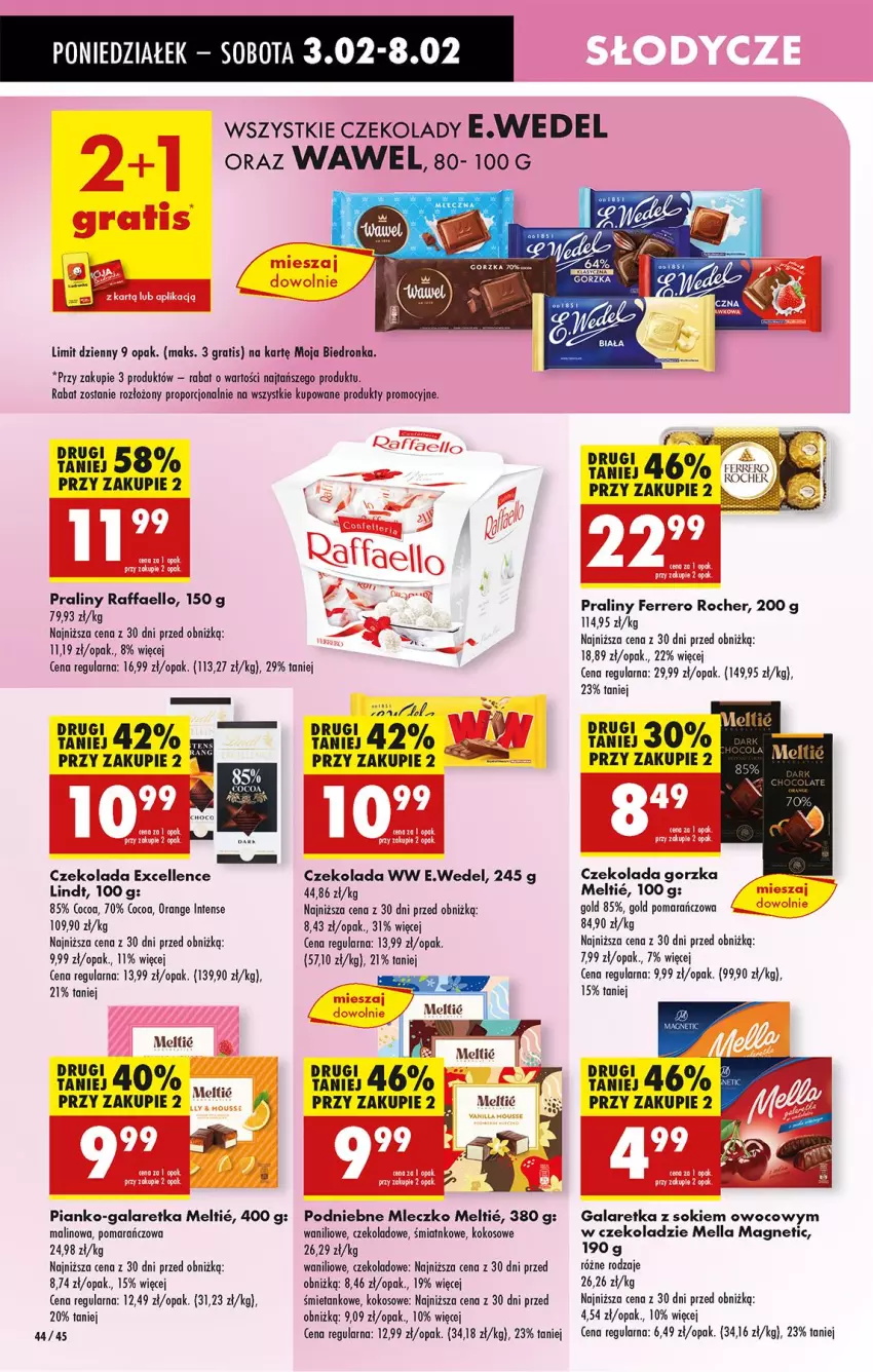 Gazetka promocyjna Biedronka - Od Poniedziałku - ważna 03.02 do 08.02.2025 - strona 50 - produkty: Czekolada, Czekolada gorzka, Fa, Ferrero, Ferrero Rocher, Gala, Galaretka, Gra, Kokos, Lindt, Mleczko, Por, Praliny, Raffaello, Sok, Wawel