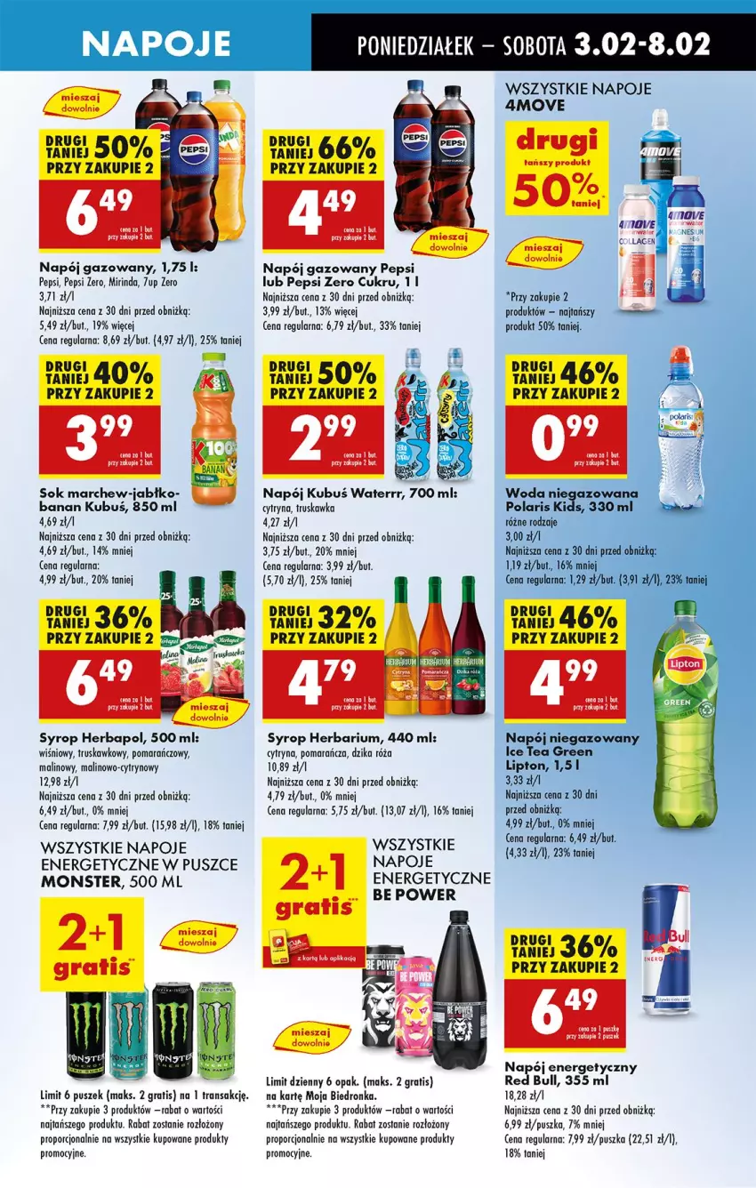 Gazetka promocyjna Biedronka - Od Poniedziałku - ważna 03.02 do 08.02.2025 - strona 61 - produkty: 7up, Dzika róża, Gra, Herbapol, Kubuś, Lipton, Mirinda, Napój, Napój gazowany, Napój niegazowany, Napoje, Pepsi, Por, Red Bull, Róża, Sok, Syrop, Tran, Woda, Woda niegazowana