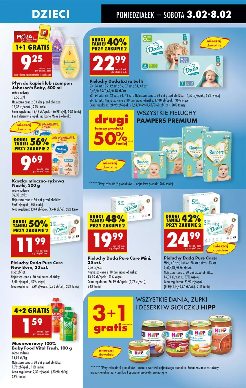 Gazetka promocyjna Biedronka - Od Poniedziałku - ważna 03.02 do 08.02.2025 - strona 67 - produkty: Dada, Deser, Dzieci, Fa, Gra, HiPP, Johnson's, Johnson's Baby, Mus, Pampers, Pieluchy, Płyn do kąpieli, Por, Pur, Ryż, Ser, Szampon