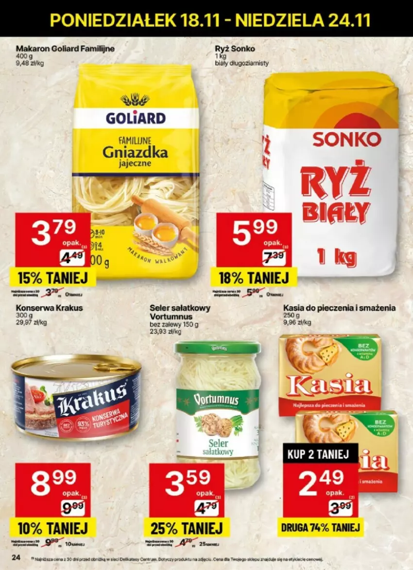 Gazetka promocyjna Delikatesy Centrum - ważna 18.11 do 24.11.2024 - strona 17 - produkty: Fa, Goliard, Kasia, Krakus, Makaron, Piec, Rum, Ryż, Sałat, Ser, Sonko