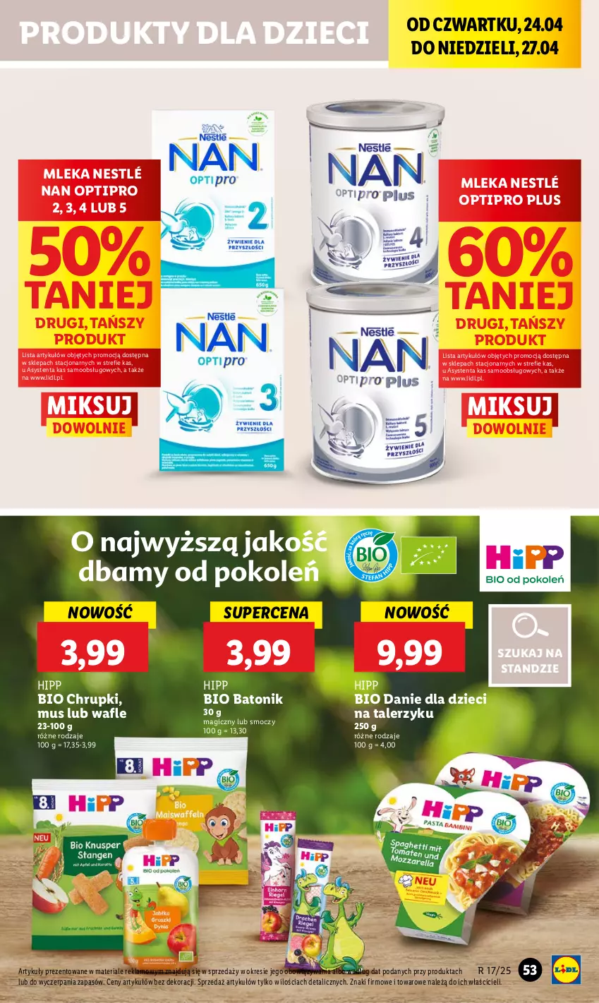 Gazetka promocyjna Lidl - GAZETKA - ważna 24.04 do 27.04.2025 - strona 57 - produkty: Baton, Bio Batonik, Chrupki, Danie dla dzieci, Dzieci, HiPP, Hipp Bio, Mus, NAN Optipro, Nestlé, Talerz, Talerzyk, Tonik, Wafle
