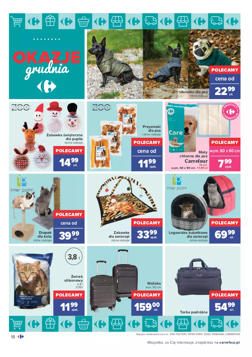 Gazetka promocyjna Carrefour - Gazetka Carrefour Okazje grudnia - ważna 01.12 do 31.12.2021 - strona 18 - produkty: Drapak, Fa, LEGO, Legowisko, Przysmaki, Torba, Walizka, Zabawka