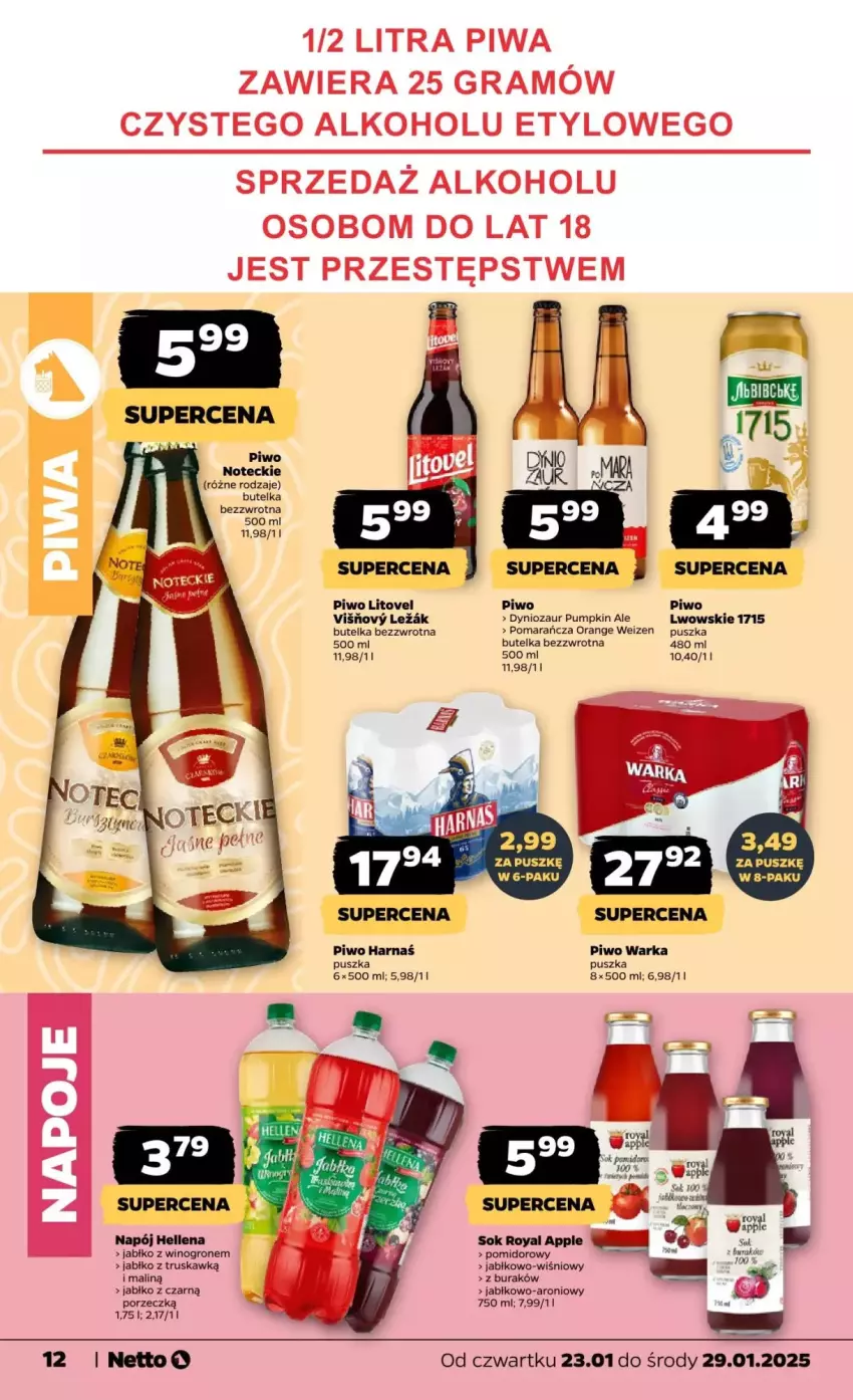 Gazetka promocyjna Netto - ważna 23.01 do 29.01.2025 - strona 4 - produkty: Gra, Harnaś, Hellena, Napój, Piwa, Piwo, Por, Sok, Warka, Wino