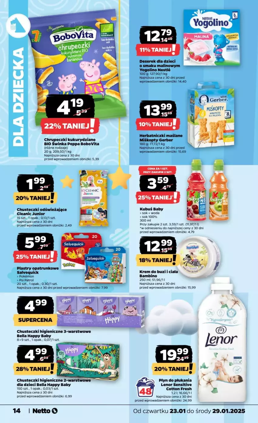 Gazetka promocyjna Netto - ważna 23.01 do 29.01.2025 - strona 6 - produkty: Bell, Bella, BoboVita, Chusteczki, Cleanic, Deser, Dzieci, Fa, Gerber, Inka, Kubuś, Lenor, Plastry opatrunkowe, Płyn do płukania, Psi Patrol, Ser, Serek, Sok, Woda