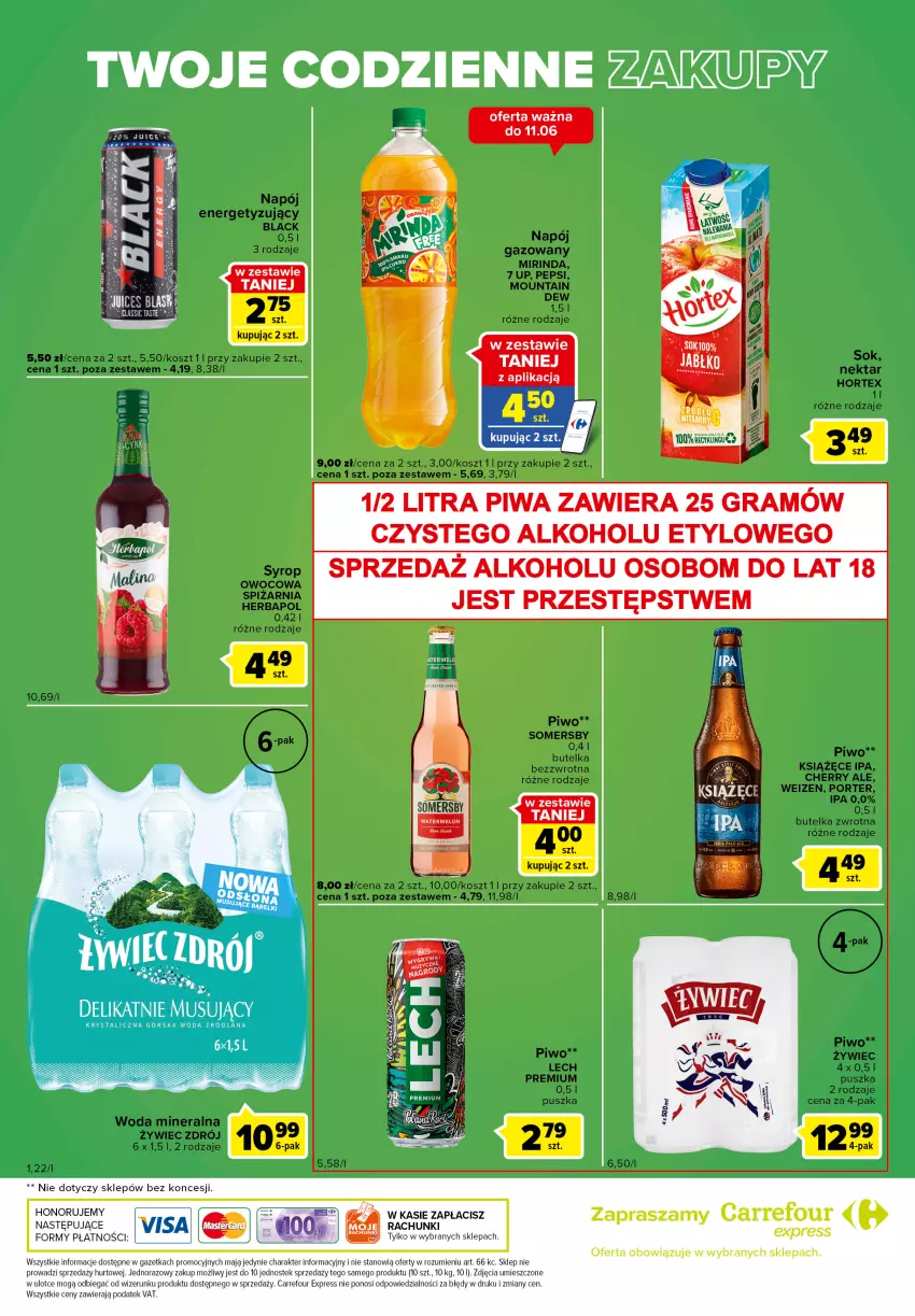 Gazetka promocyjna Carrefour - Gazetka Express - ważna 07.06 do 13.06.2022 - strona 6 - produkty: Gra, Herbapol, Hortex, Kosz, Książęce, Lack, Mirinda, Napój, Nektar, Pepsi, Piwa, Piwo, Por, Saga, Sok, Somersby, Stek, Woda, Woda mineralna