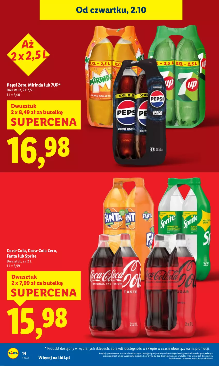 Gazetka promocyjna Lidl - GAZETKA - ważna 02.10 do 04.10.2025 - strona 14 - produkty: 7up, Coca-Cola, Fa, Fanta, Mirinda, Pepsi, Sprite