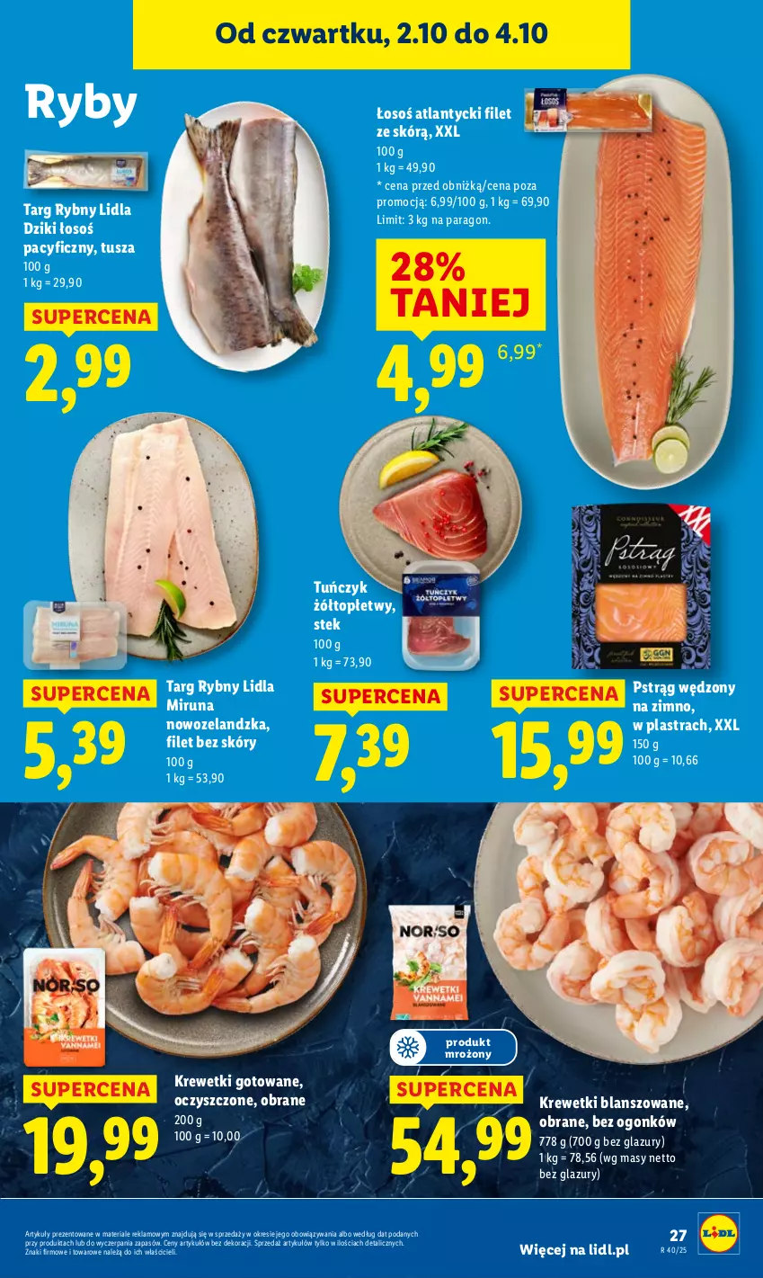 Gazetka promocyjna Lidl - GAZETKA - ważna 02.10 do 04.10.2025 - strona 31 - produkty: Krewetki, Lazur, Miruna, Pstrąg, Pstrąg wędzony, Stek, Top, Tuńczyk, Tusz