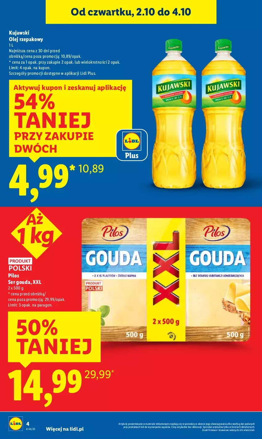 Gazetka promocyjna Lidl - GAZETKA - ważna 02.10 do 04.10.2025 - strona 4 - produkty: Gouda, Kujawski, Olej, Olej rzepakowy, Pilos, Ser