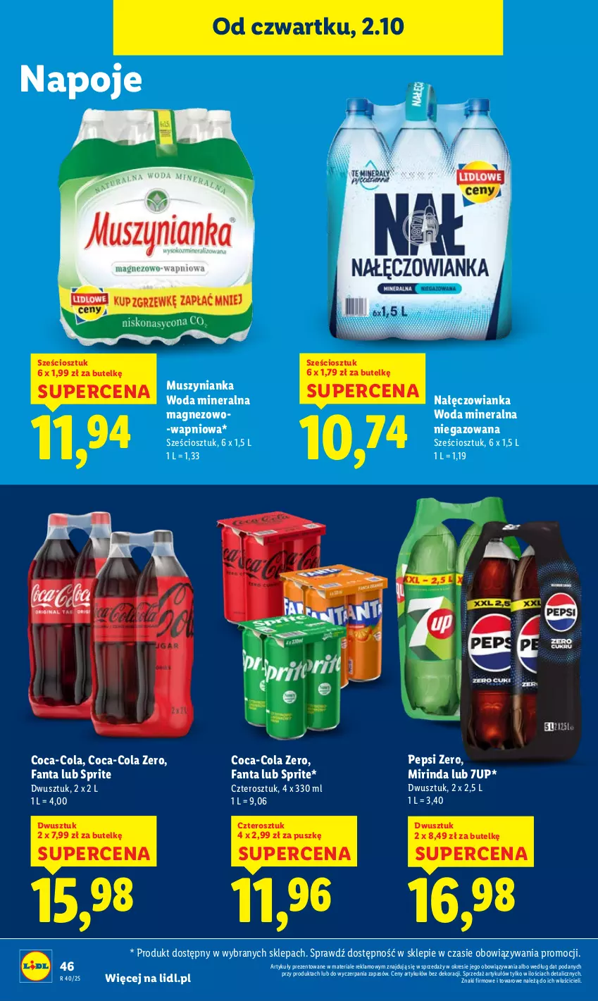 Gazetka promocyjna Lidl - GAZETKA - ważna 02.10 do 04.10.2025 - strona 50 - produkty: 7up, Coca-Cola, Fa, Fanta, Magnez, Mirinda, Mus, Muszynianka, Nałęczowianka, Napoje, Pepsi, Sprite, Woda, Woda mineralna