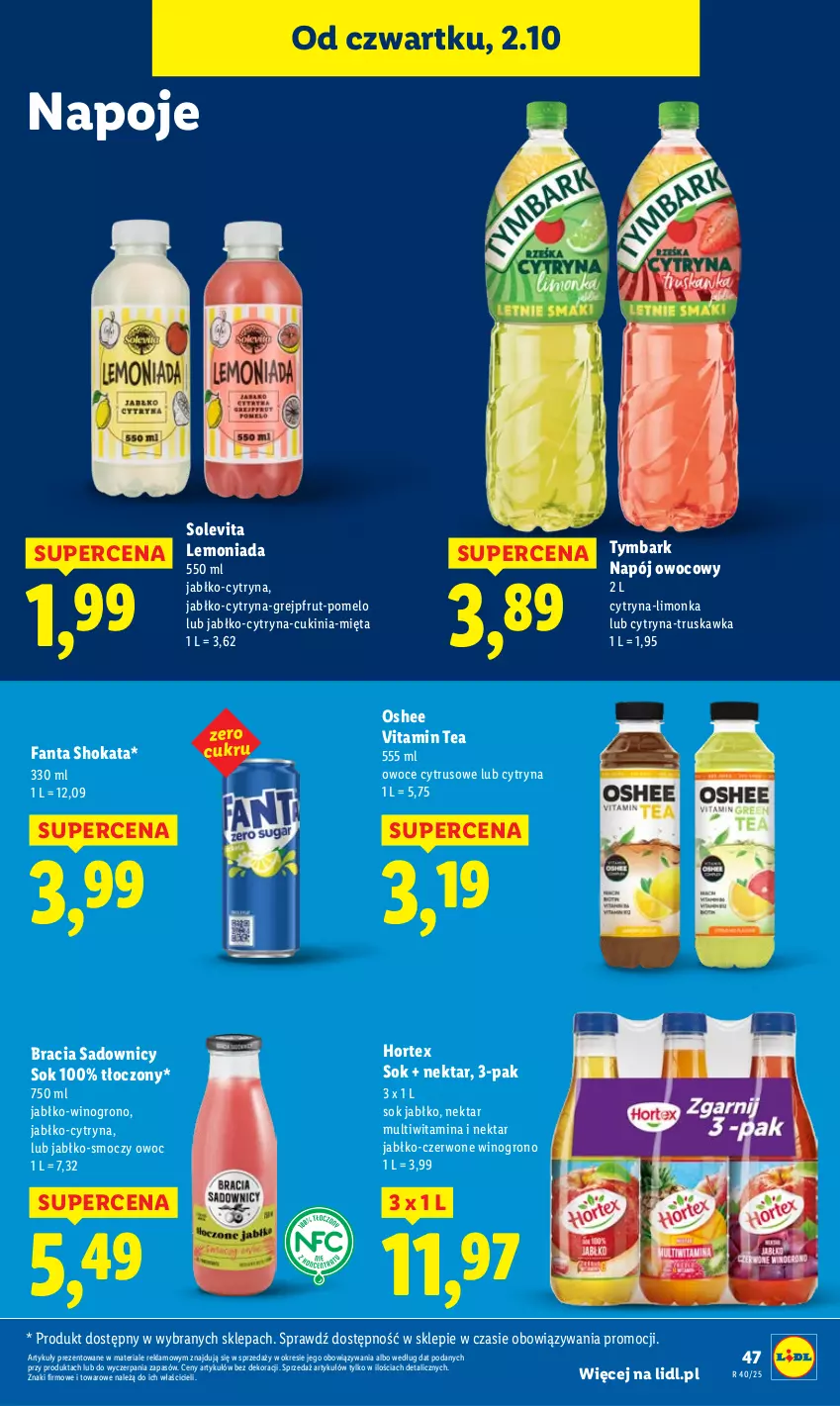 Gazetka promocyjna Lidl - GAZETKA - ważna 02.10 do 04.10.2025 - strona 51 - produkty: Fa, Fanta, Grejpfrut, Hortex, Lemoniada, Limonka, Mięta, Napój, Napoje, Nektar, Oshee, Owoce, Pomelo, Sok, Tymbark, Wino