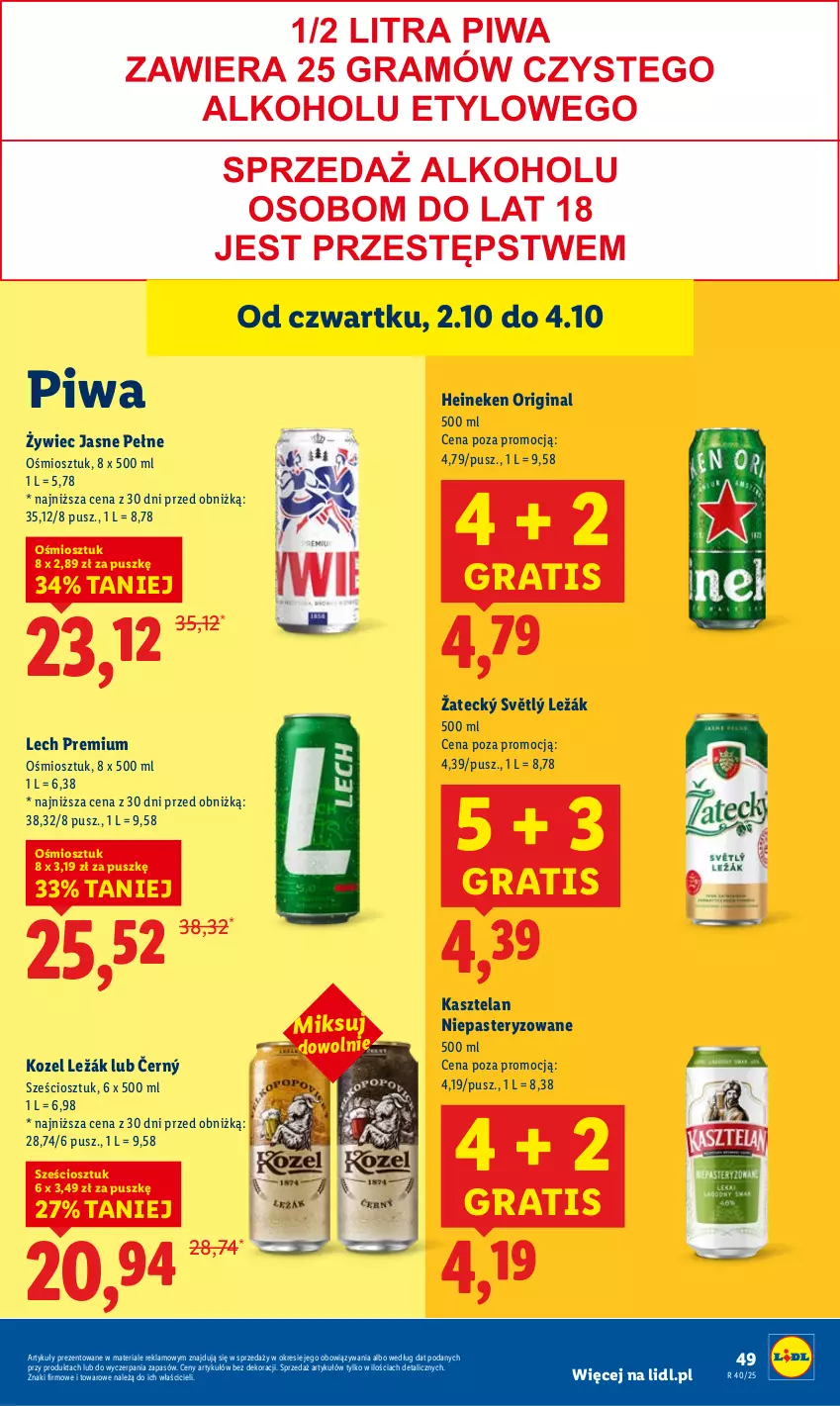 Gazetka promocyjna Lidl - GAZETKA - ważna 02.10 do 04.10.2025 - strona 53 - produkty: Gin, Gra, Heineken, Kasztelan, Kozel, Lech Premium, Piwa