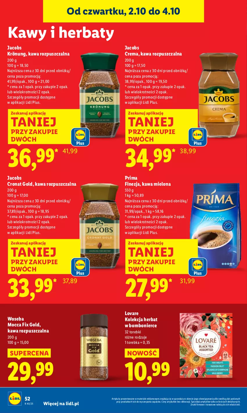 Gazetka promocyjna Lidl - GAZETKA - ważna 02.10 do 04.10.2025 - strona 56 - produkty: Jacobs, Jacobs Krönung, Kawa, Kawa mielona, Kawa rozpuszczalna, Mocca Fix Gold, Prima, Torebka, Woseba