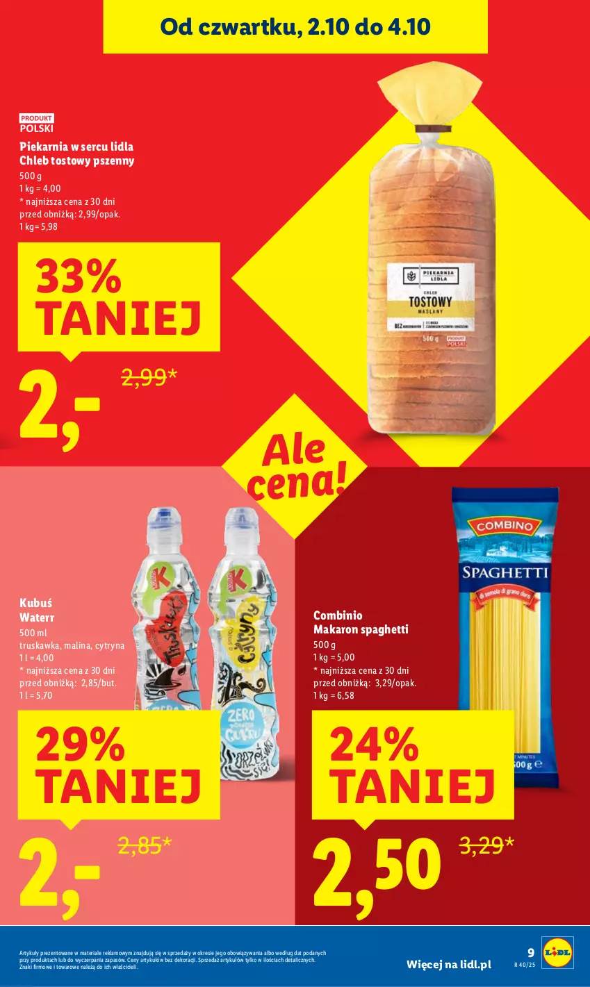 Gazetka promocyjna Lidl - GAZETKA - ważna 02.10 do 04.10.2025 - strona 9 - produkty: Chleb, Chleb tostowy, Kubuś, Makaron, Ser, Spaghetti