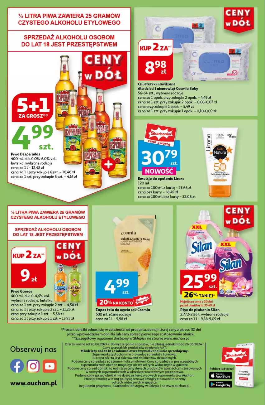 Gazetka promocyjna Auchan - Gazetka CENY W DÓŁ Supermarket Auchan - ważna 20.06 do 26.06.2024 - strona 14 - produkty: Chusteczki, Desperados, Dzieci, Emulsja, Gra, Lirene, Piwa, Piwo, Płyn do płukania, Silan, Tera