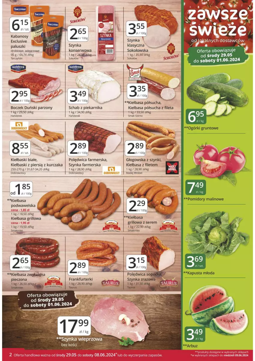 Gazetka promocyjna Market Vita - Gazetka – Marketvita - ważna 29.05 do 08.06.2024 - strona 2 - produkty: Boczek, Fa, Frankfurterki, Grill, Kabanos, Kiełbasa, Kiełbasa podwawelska, Kiełbaski białe, Kurczak, Madej Wróbel, Piec, Piekarnik, Polędwica, Ser, Sok, Sokołów, Szynka, Szynka farmerska, Szynka konserwowa, Szynka wieprzowa, Tarczyński, Wawel