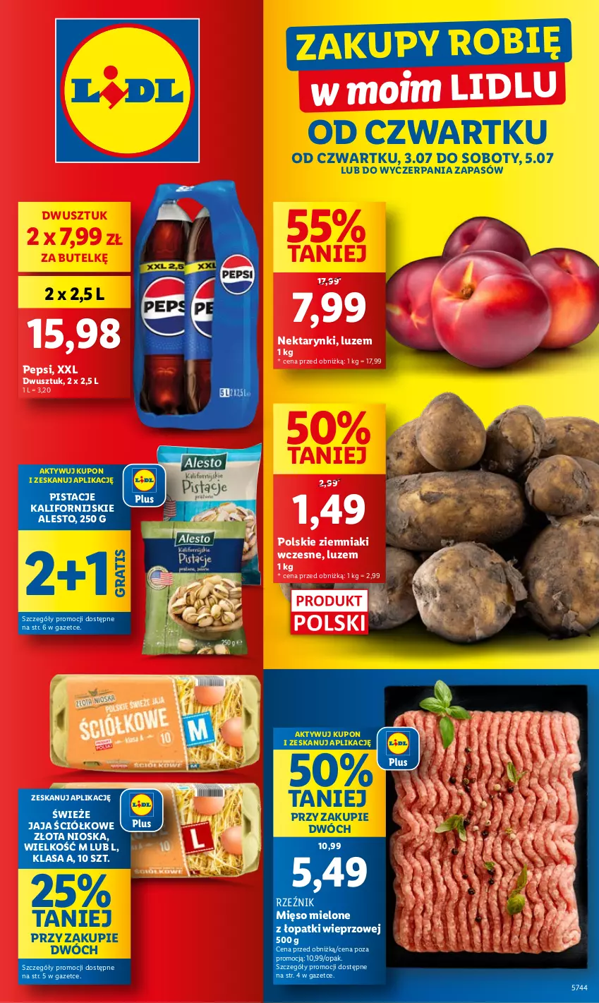 Gazetka promocyjna Lidl - GAZETKA - ważna 03.07 do 05.07.2025 - strona 1 - produkty: Gra, Jaja, Mięso, Mięso mielone, Mięso mielone z łopatki wieprzowej, Nektar, Pepsi, Pistacje, Ziemniaki