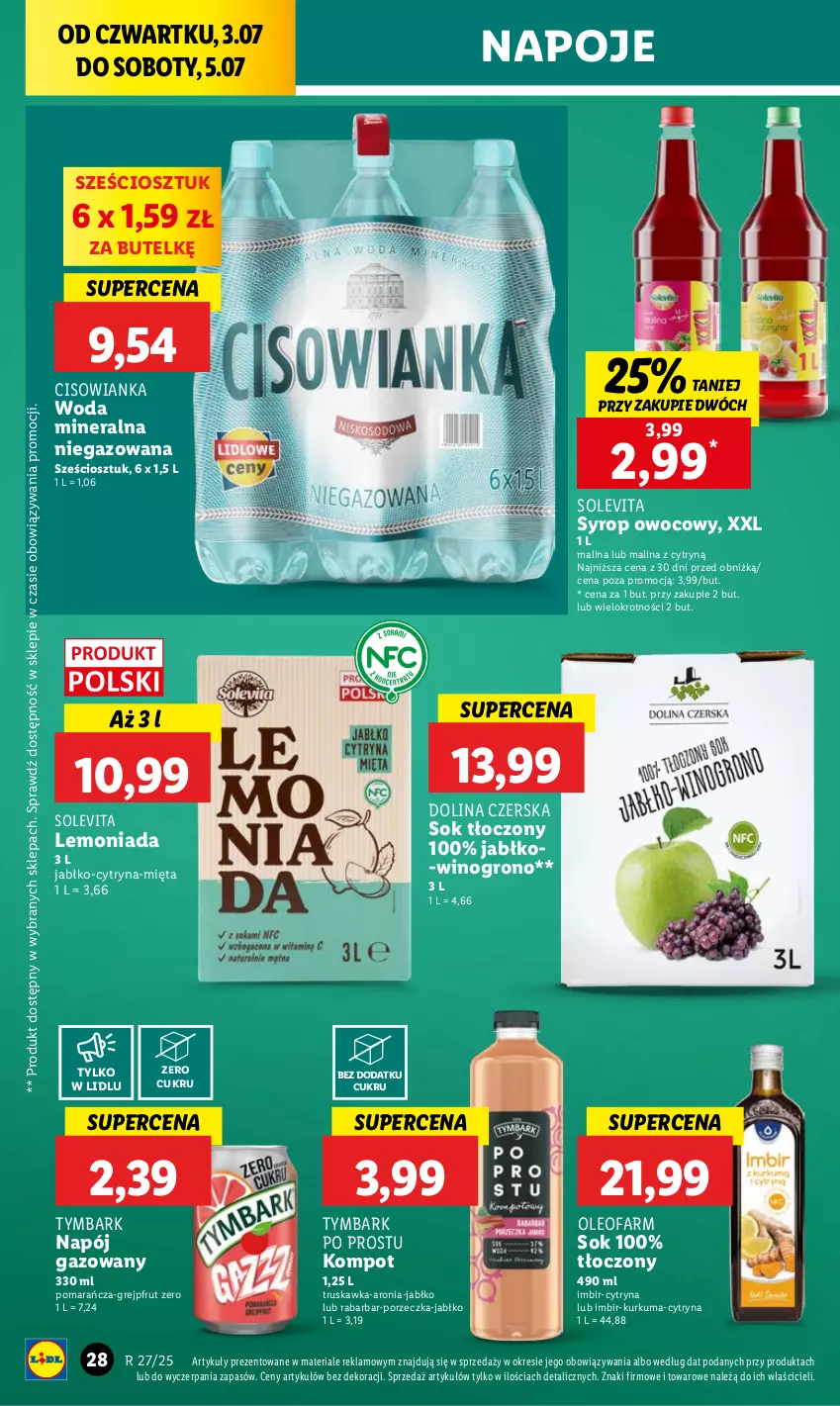 Gazetka promocyjna Lidl - GAZETKA - ważna 03.07 do 05.07.2025 - strona 40 - produkty: Aronia, Cisowianka, Fa, Grejpfrut, Imbir, Kurkuma, Lemoniada, Mięta, Napój, Napój gazowany, Napoje, Oleo, Oleofarm, Por, Sok, Syrop, Tymbark, Wino, Woda, Woda mineralna