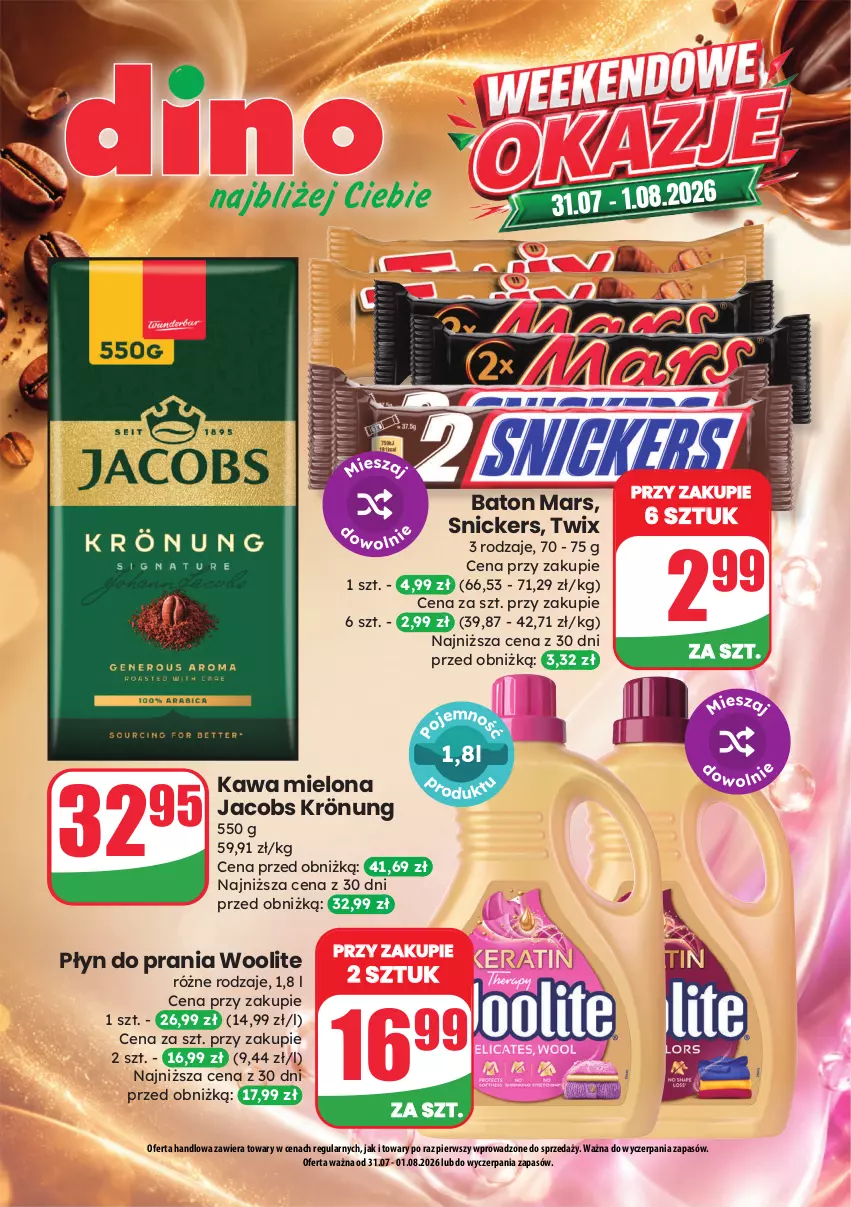 Gazetka promocyjna Dino - Weekendowe okazje - ważna 31.07 do 01.08.2026 - strona 1 - produkty: Baton, Jacobs, Jacobs Krönung, Kawa, Kawa mielona, Mars, Płyn do prania, Snickers, Twix, Woolite