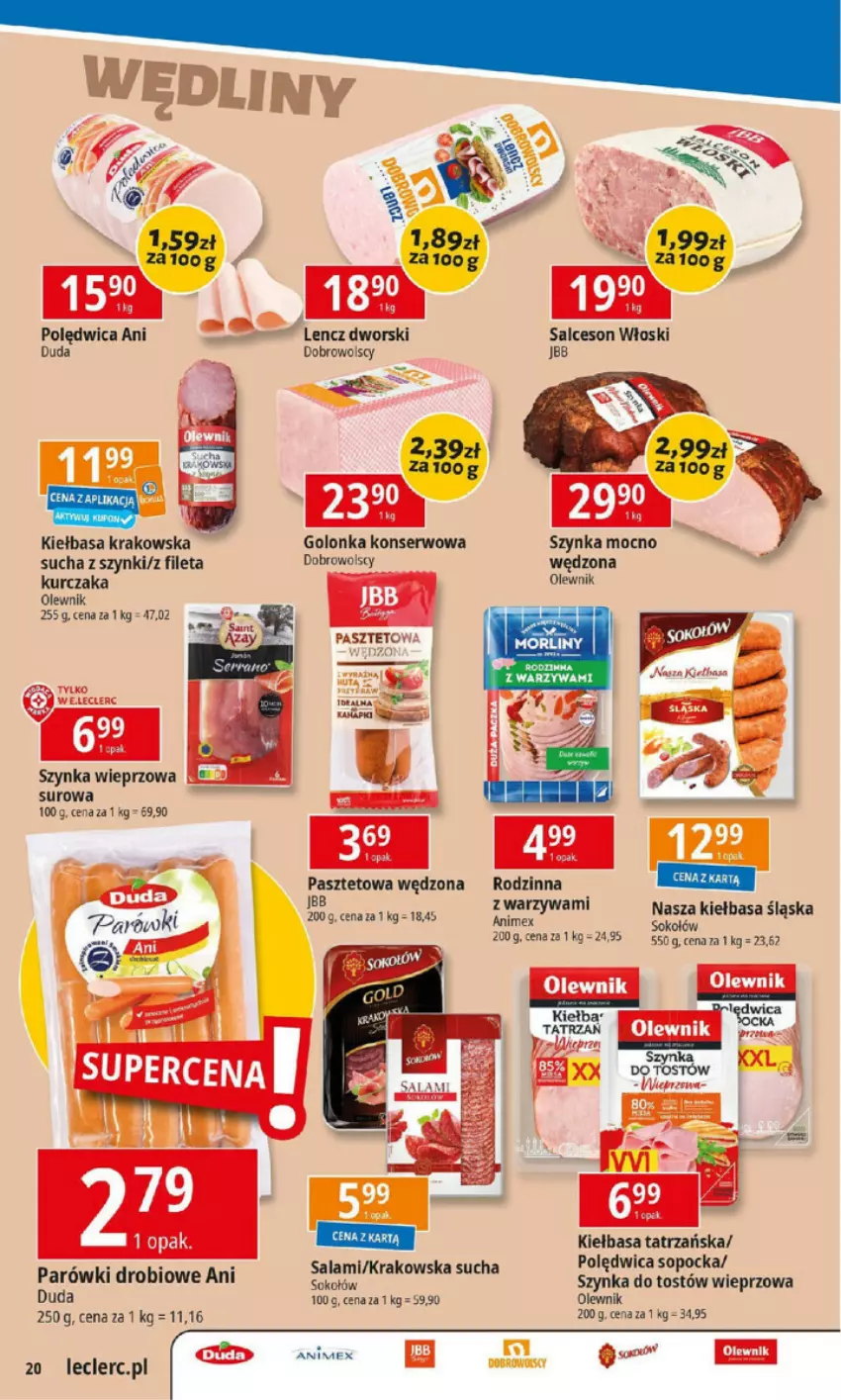 Gazetka promocyjna E Leclerc - ważna 07.01 do 13.01.2025 - strona 3 - produkty: Duda, Kiełbasa, Kiełbasa krakowska, Kiełbasa śląska, Kurczak, Olewnik, Parówki, Pasztet, Polędwica, Salami, Salceson, Ser, Sok, Sokołów, Szynka, Szynka wieprzowa, Warzywa