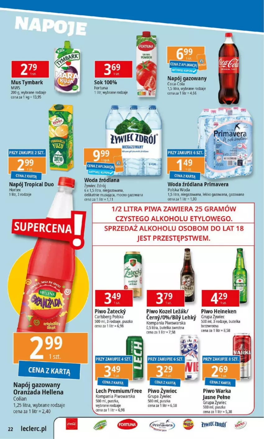 Gazetka promocyjna E Leclerc - ważna 07.01 do 13.01.2025 - strona 6 - produkty: Carlsberg, Fa, Gra, Heineken, Hellena, Kozel, LANA, Lech Premium, Mus, Napój, Napój gazowany, Piwa, Piwo, Prima, Primavera, Pur, Sok, Tropical, Tymbark, Warka, Woda