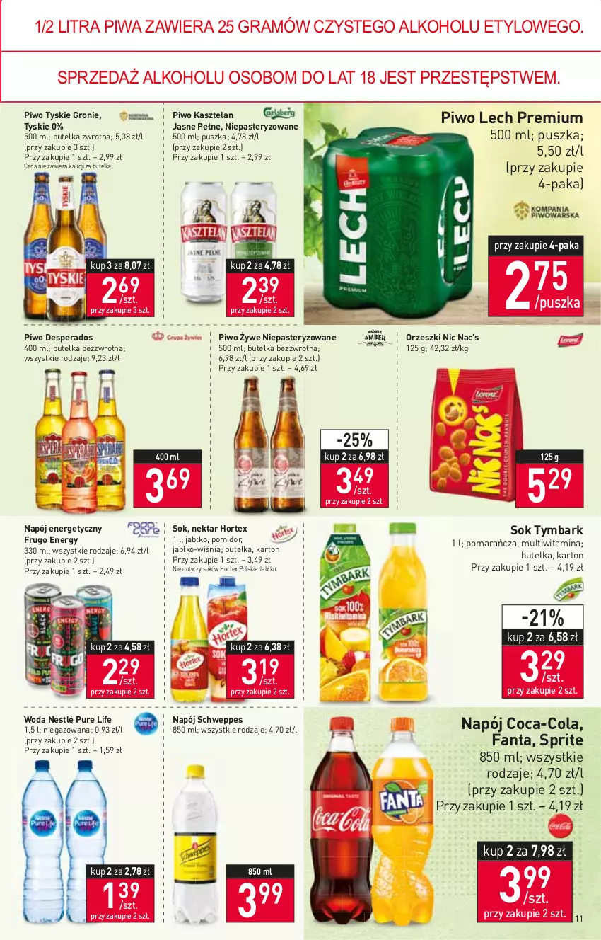 Gazetka promocyjna Stokrotka - Supermarket - ważna 13.01 do 19.01.2022 - strona 11 - produkty: Coca-Cola, Desperados, Fa, Fanta, Gra, Hortex, Kasztelan, Lech Premium, Napój, Napój energetyczny, Nektar, Nestlé, Orzeszki, Piwa, Piwo, Pur, Schweppes, Sok, Sprite, Tymbark, Tyskie, Woda