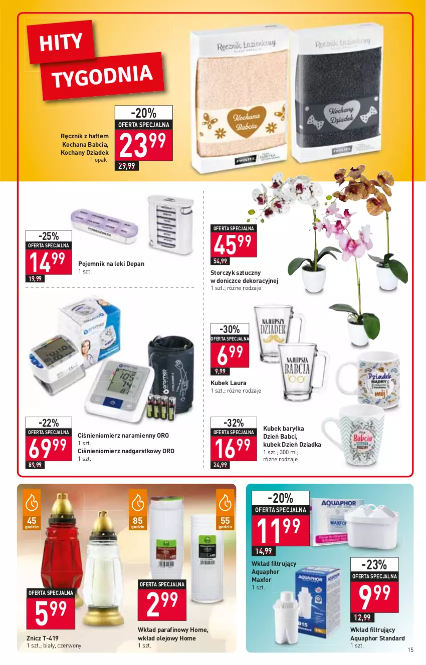 Gazetka promocyjna Stokrotka - Supermarket - ważna 13.01 do 19.01.2022 - strona 15 - produkty: Aquaphor, Ciśnieniomierz, Koc, Kubek, Laur, Olej, Pojemnik, Pojemnik na leki, Ręcznik, Storczyk, Wkład filtrujący, Wkład olejowy, Znicz