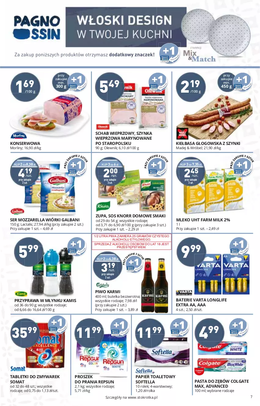 Gazetka promocyjna Stokrotka - Supermarket - ważna 13.01 do 19.01.2022 - strona 7 - produkty: Fa, Farm Milk, Galbani, Gra, Karmi, Knorr, Mleko, Mozzarella, Papier, Papier toaletowy, Piwa, Piwo, Proszek do prania, Schab wieprzowy, Ser, Somat, Sos, Szynka, Szynka wieprzowa, Tablet, Varta, Zupa