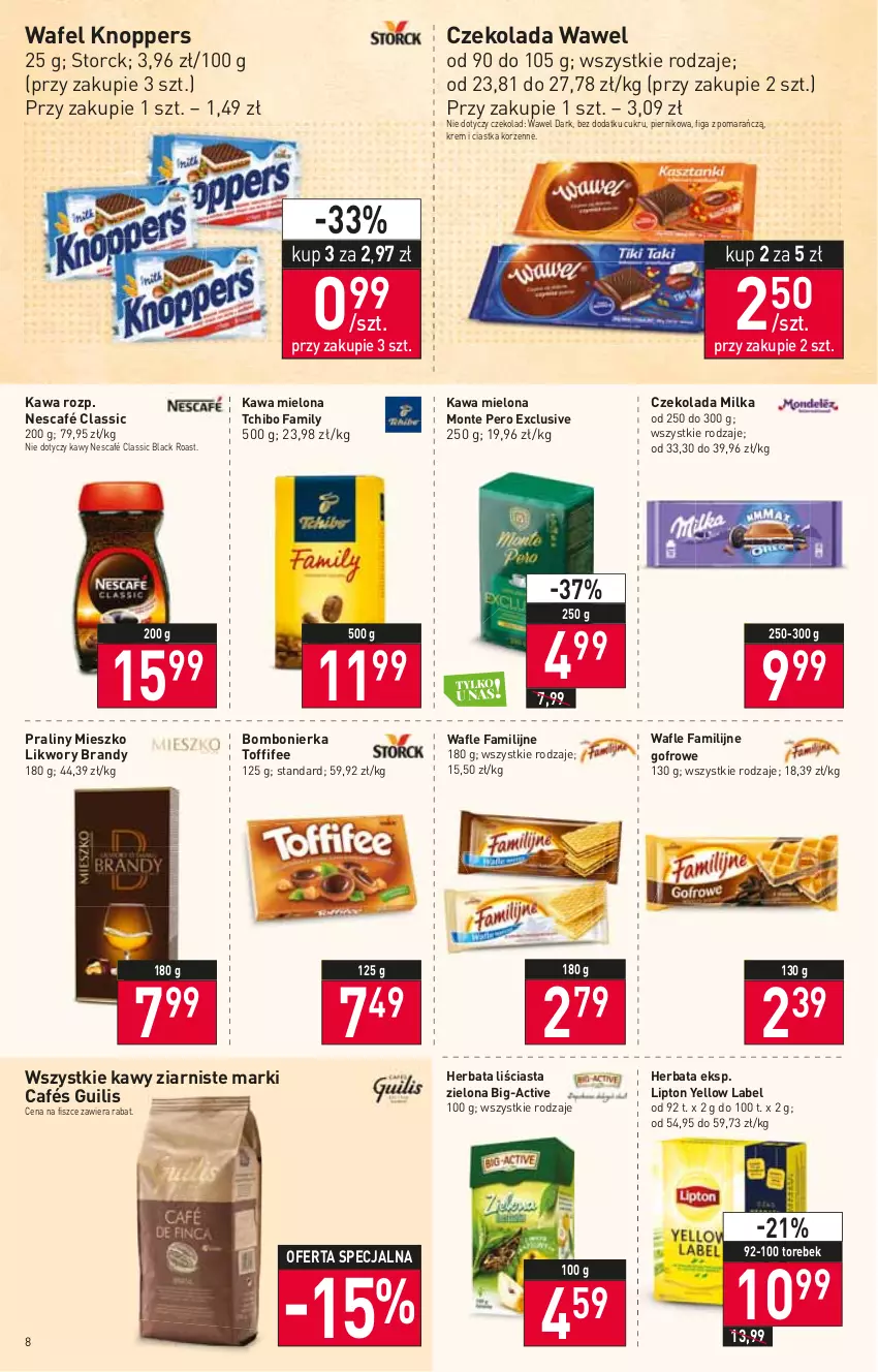 Gazetka promocyjna Stokrotka - Supermarket - ważna 13.01 do 19.01.2022 - strona 8 - produkty: Brandy, Ciastka, Czekolada, Fa, Herbata, Kawa, Kawa mielona, Knoppers, Lack, Lipton, Milka, Monte, Nescafé, Piernik, Praliny, Tchibo, Tchibo Family, Toffifee, Wafle, Wawel