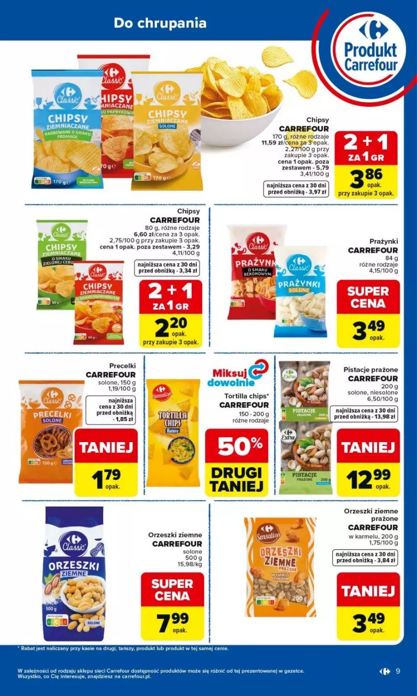 Gazetka promocyjna Carrefour - Gazetka Produkt Carrefour od poniedziałku! - ważna 25.05 do 06.06.2026 - strona 9 - produkty: Chipsy, Koc, Orzeszki, Orzeszki ziemne, Pistacje, Precelki, Sos, Top, Tortilla, Tortilla Chips