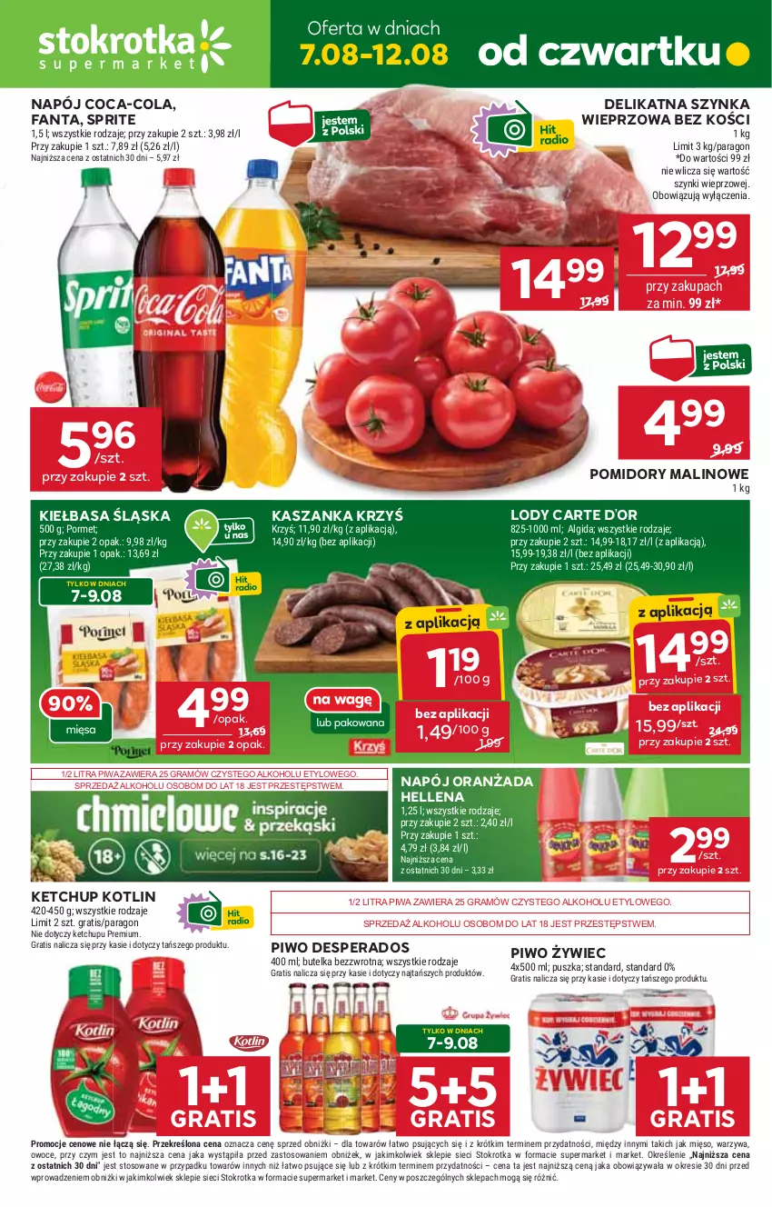Gazetka promocyjna Stokrotka - Supermarket - ważna 07.08 do 12.08.2025 - strona 1 - produkty: Algida, Coca-Cola, Desperados, Fa, Fanta, Gra, Hellena, Kasza, Kaszanka, Ketchup, Kiełbasa, Kiełbasa śląska, Kotlin, LG, Lody, Mięso, Napój, Oranżada, Owoce, Piwa, Piwo, Pomidory, Por, Sprite, Szynka, Szynka wieprzowa, Warzywa