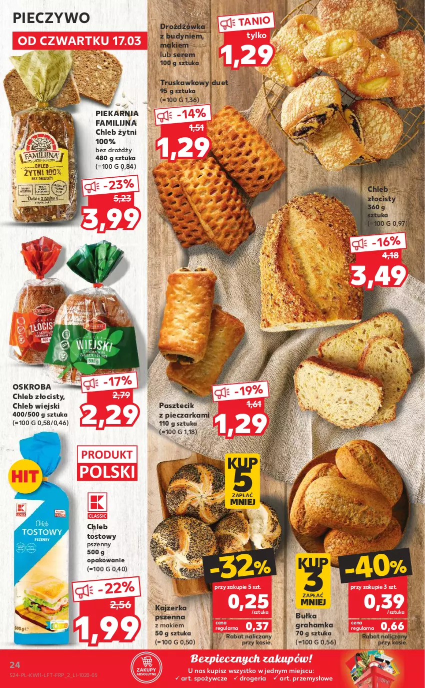 Gazetka promocyjna Kaufland - OFERTA TYGODNIA - ważna 17.03 do 23.03.2022 - strona 24 - produkty: Bułka, Bułka grahamka, Chleb, Chleb tostowy, Fa, Gra, Kajzerka, Kajzerka pszenna, Pasztecik z pieczarkami, Piec, Pieczarka, Pieczywo, Ser