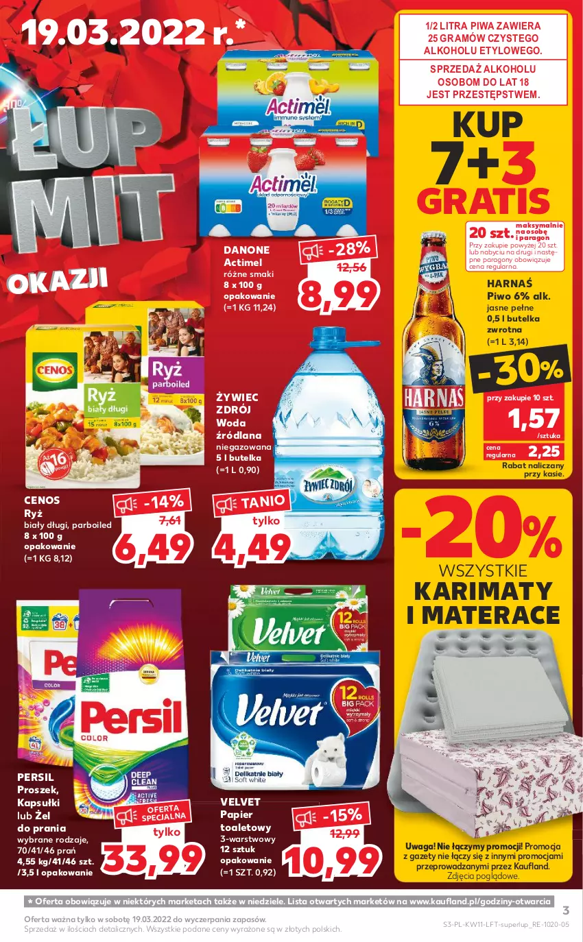 Gazetka promocyjna Kaufland - OFERTA TYGODNIA - ważna 17.03 do 23.03.2022 - strona 3 - produkty: Actimel, Cenos, Danone, Gra, Harnaś, LANA, Materac, Papier, Papier toaletowy, Persil, Piwa, Piwo, Ryż, Tera, Velvet, Waga, Woda