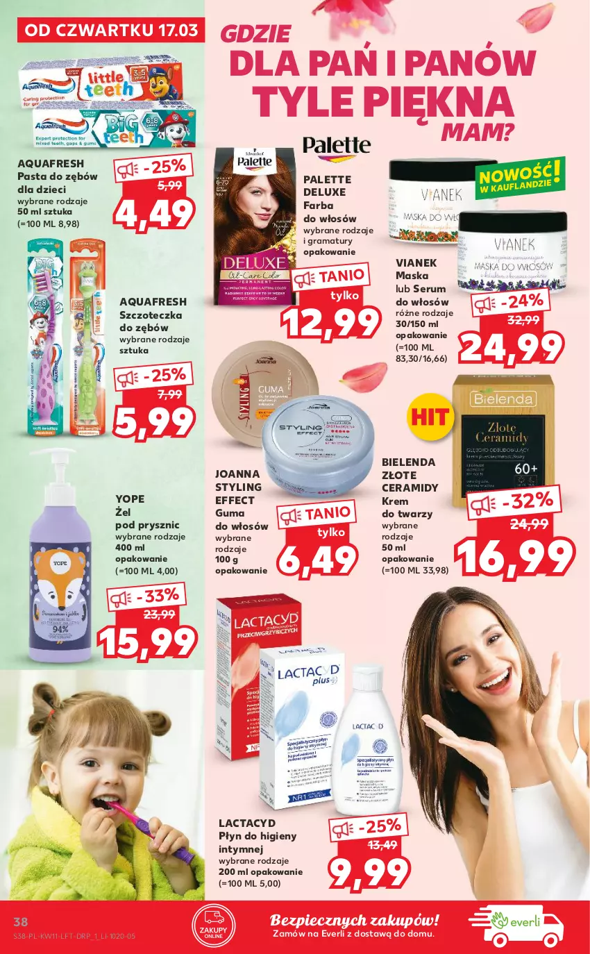 Gazetka promocyjna Kaufland - OFERTA TYGODNIA - ważna 17.03 do 23.03.2022 - strona 38 - produkty: Aquafresh, Bielenda, Dzieci, Fa, Farba do włosów, Gra, Joanna, Joanna styling, Krem do twarzy, Lactacyd, Maska, Palette, Pasta do zębów, Piec, Płyn do higieny intymnej, Rama, Rum, Ser, Serum, Serum do włosów, Szczoteczka, Szczoteczka do zębów, Yope