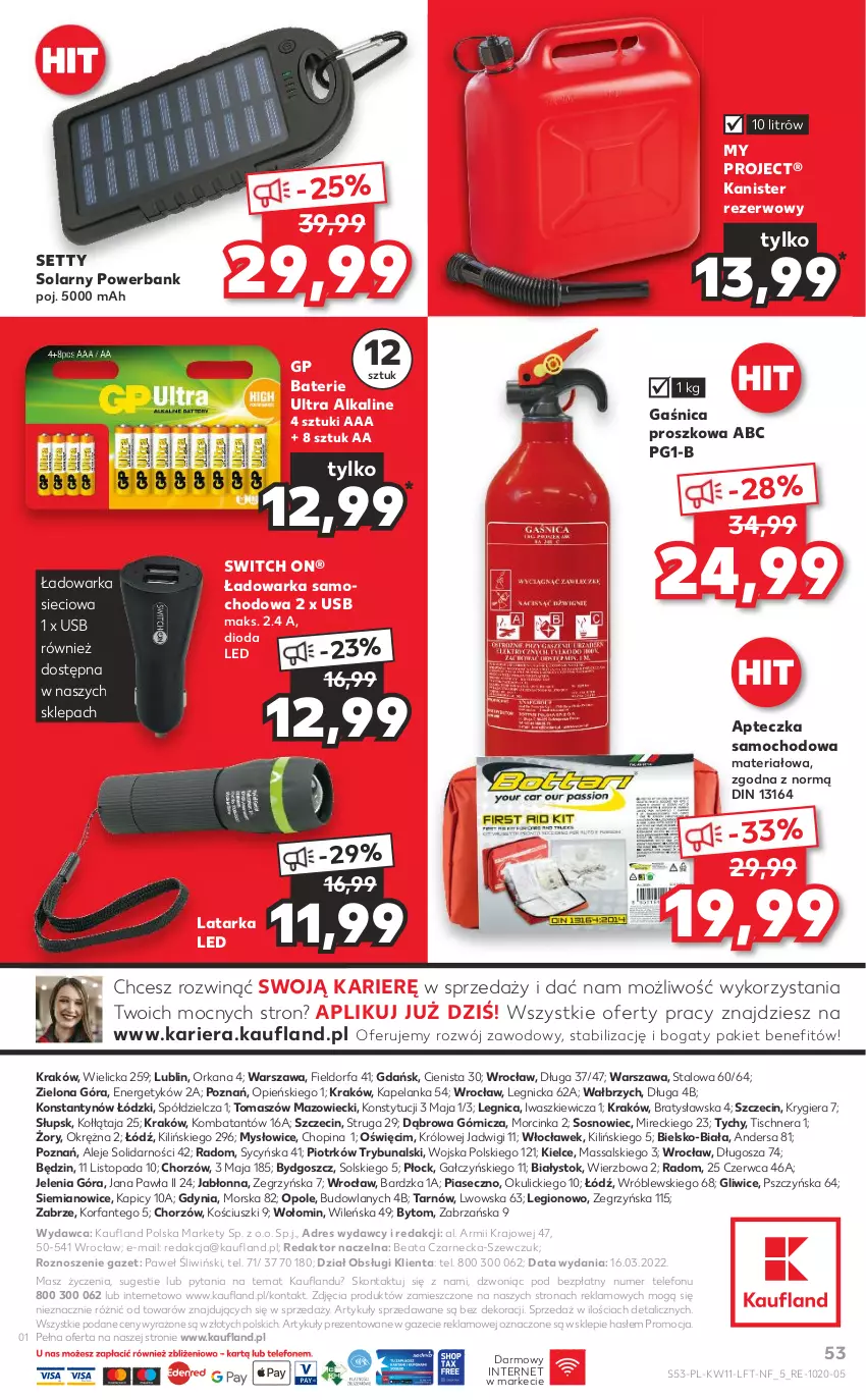 Gazetka promocyjna Kaufland - OFERTA TYGODNIA - ważna 17.03 do 23.03.2022 - strona 53 - produkty: Apteczka samochodowa, Dres, Fa, Gaśnica, Gra, Inka, Latarka, Latarka LED, Orka, Powerbank, Sos, Tarka, Telefon, Top, Warka