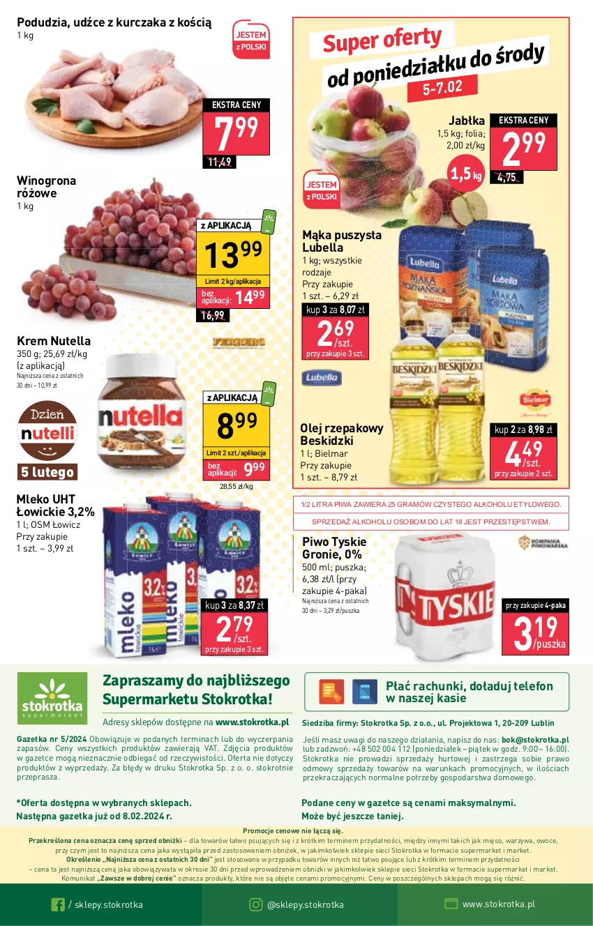 Gazetka promocyjna Stokrotka - Supermarket - ważna 01.02 do 07.02.2024 - strona 21 - produkty: Bell, Bella, Beskidzki, Dres, Gra, Jabłka, JBL, Kurczak, Lubella, Mąka, Mięso, Mleko, Nutella, O nas, Olej, Olej rzepakowy, Owoce, Piwa, Piwo, Telefon, Tyskie, Wagi, Warzywa, Wino, Winogrona