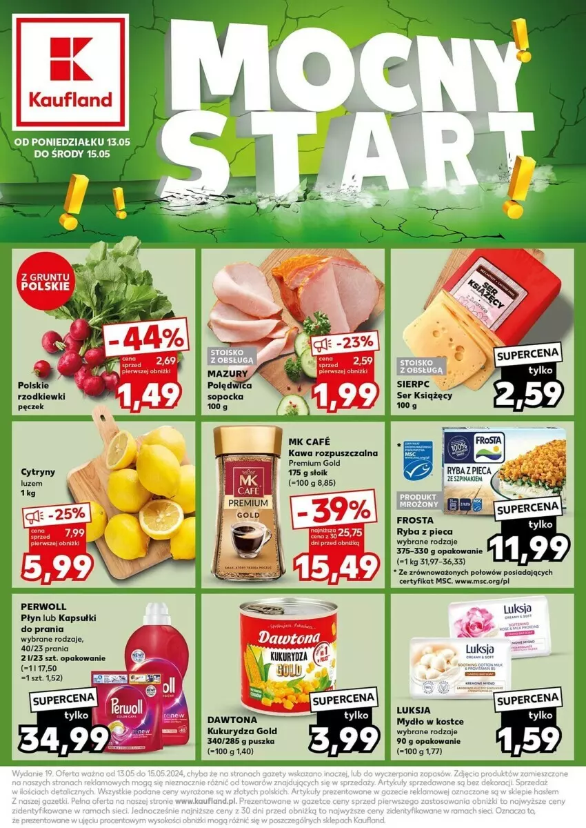 Gazetka promocyjna Kaufland - ważna 13.05 do 15.05.2024 - strona 1 - produkty: Dawtona, Frosta, Kapsułki do prania, Kawa, Kawa rozpuszczalna, Kukurydza, Mydło, Perwoll, Piec, Ryba, Ser