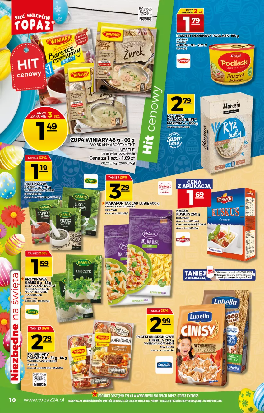 Gazetka promocyjna Topaz - Gazetka - ważna 01.04 do 07.04.2021 - strona 10 - produkty: Bell, Bella, Danio, Kamis, Kuskus, Lubella, Makaron, Natka pietruszki, Olma, Pasztet, Sok, Top, Winiary, Zupa