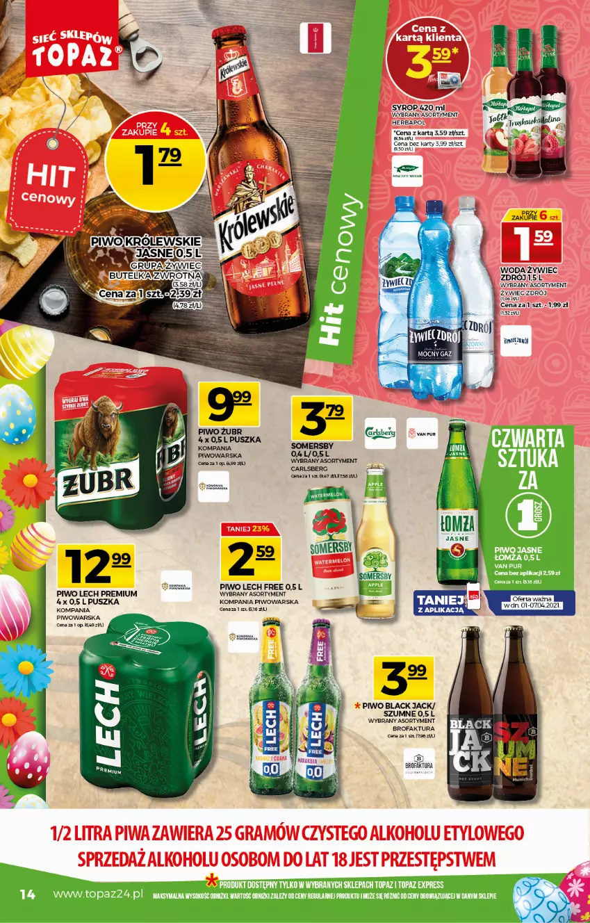 Gazetka promocyjna Topaz - Gazetka - ważna 01.04 do 07.04.2021 - strona 14 - produkty: Carlsberg, Fa, Gra, Herbapol, Lack, Lech Premium, Miecz, Piwo, Pur, Sok, Somersby, Syrop, Top, Woda