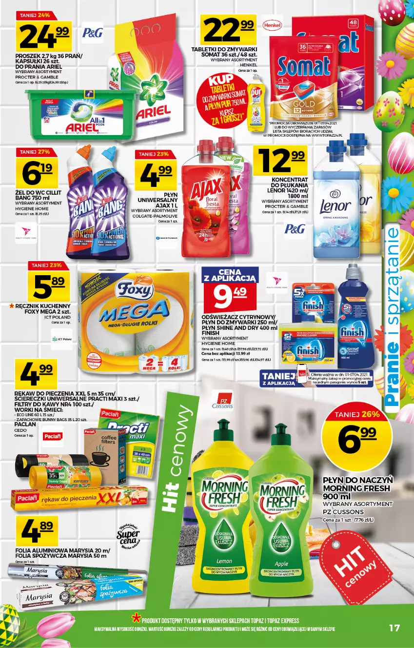 Gazetka promocyjna Topaz - Gazetka - ważna 01.04 do 07.04.2021 - strona 17 - produkty: Ajax, Ariel, Colgate, Do mycia naczyń, Finish, Folia aluminiowa, Foxy, Lenor, LG, Palmolive, Piec, Płyn do mycia, Płyn do mycia naczyń, Ręcznik, Ręcznik kuchenny, Rękaw do pieczenia, Somat, Tablet, Tabletki do zmywarki, Top, Worki na śmiec, Worki na śmieci, Zmywarki