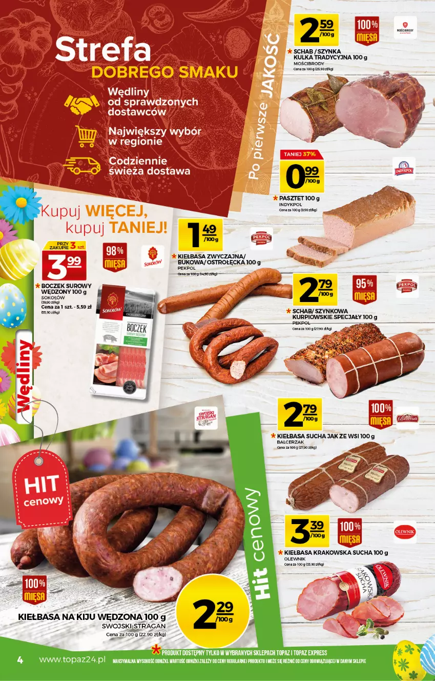 Gazetka promocyjna Topaz - Gazetka - ważna 01.04 do 07.04.2021 - strona 4 - produkty: Boczek, Kiełbasa, Kiełbasa krakowska, Olewnik, Pekpol, Sos