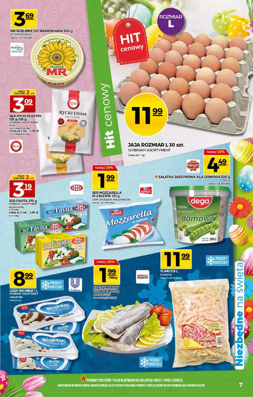 Gazetka promocyjna Topaz - Gazetka - ważna 01.04 do 07.04.2021 - strona 7 - produkty: Big Milk, Fa, Favita, Flaki, Jaja, Lody, Mleko, Mlekovita, Mozzarella, Sałat, Sałatka, Ser